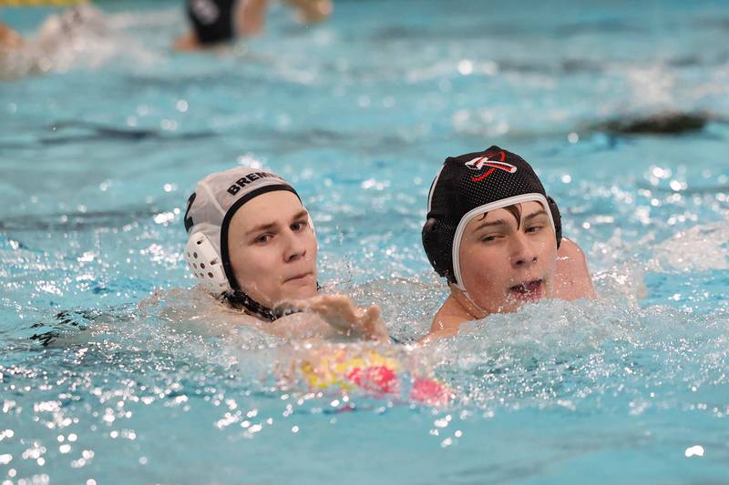 Bradley-Bourbonnais' Tylen Coyle, right, reachers for the ball under pressure during the Boilermakers' 7-5 loss to Bremen on Thursday, April 2, 2026.