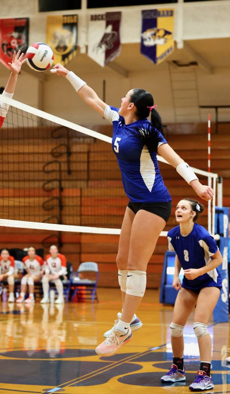 Princeton's Keely Lawson takes a swing against Kewanee in Tuesday's regional semifinal match at Princeton. The Tigresses won 2-0 to advance to Thursday's finals against Newman.