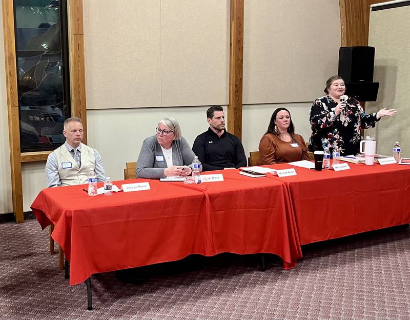 Candidates for Yorkville 115 Board of Education pitched their platforms at a community forum on Feb. 27 at Congregational United Church of Christ in Yorkville. Pictured, Joseph Rand (far left), Julie Hart, incumbent Michael Knoll, Molly Gerke, and Jeanette Norman (far right.)