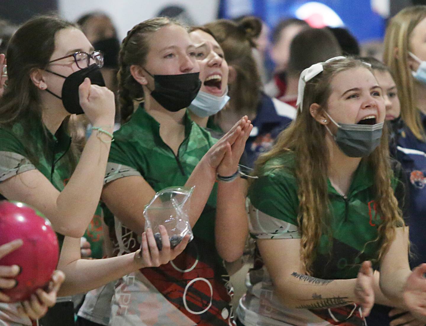 Members of the L-P girls bowling team cheer on their teammates at Illinois Valley Super Bowl on Saturday, Feb. 12, 2022 in Peru.