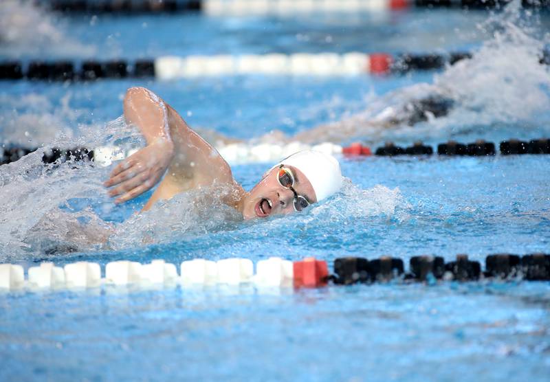 Oswego’s Ethan Schrader competes in the 500-yard freestyle consolation heat during the IHSA Boys State Championships on Saturday, March 1, 2025 at the FMC Natatorium in Westmont.