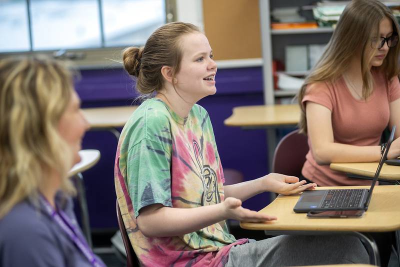 Dixon High School student Ashlyn Neville talks about current events Friday, April 22, 2022 in publications class. The class will be publishing the next issus of the school paper The Dixini on May 6.