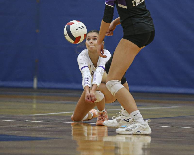 Downers Grove North's Angelika Krob (1) digs out a shot during Class 4A Lyons Sectional Semifinal volleyball match between Downers Grove South at Downers Grove North. Nov 4, 2025 in La Grange.