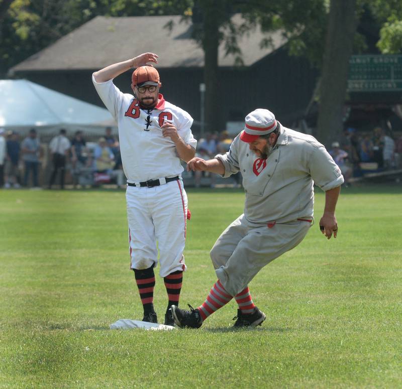 Oregon Ganymede Ryan Mortlock steps on second base ahead of the throw at the World Tournament of Historic Base Ball held at the Henry Ford Museum's Greenfield Village on Saturday, Aug. 9, 2025.