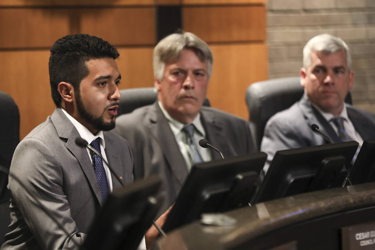 Cesar Guerrero addresses the council on Monday, May 3, 2021, at Joliet City Hall in Joliet, Ill. After a tight race, three new City Councilman were sworn in at a special meeting on Tuesday.