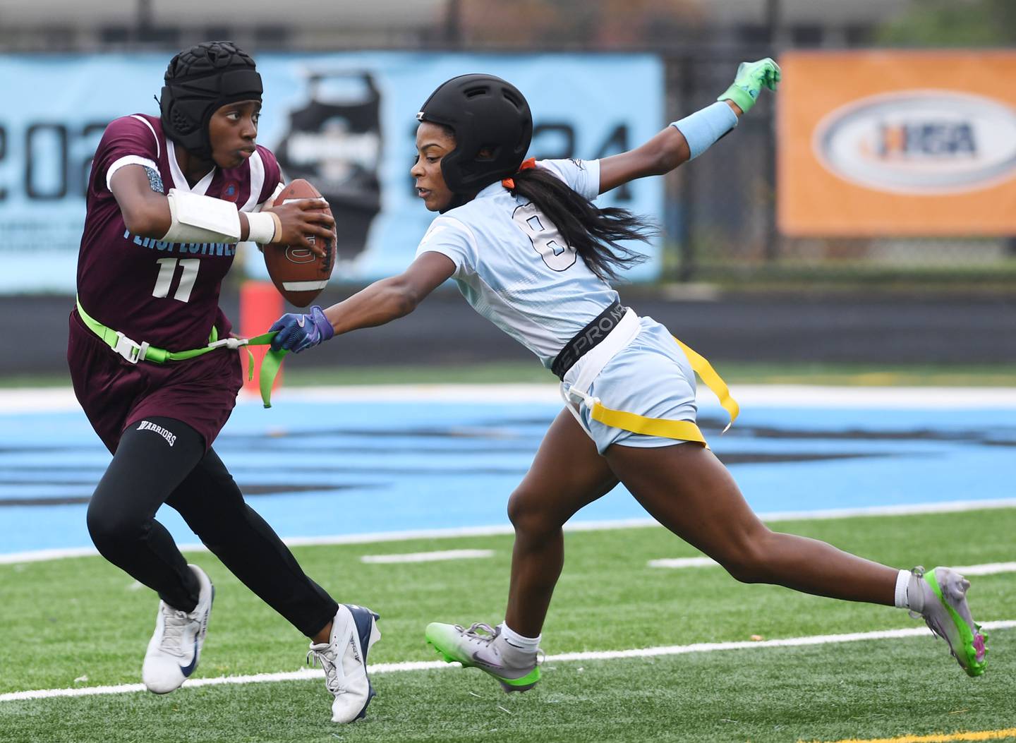 Willowbrook’s Janell Adams, right, sacks Chicago Perspectives quarterback Rayne Lumpkin during the third-place game of the girls flag football state tournament  on Saturday, Oct. 18, 2025 in Villa Park.