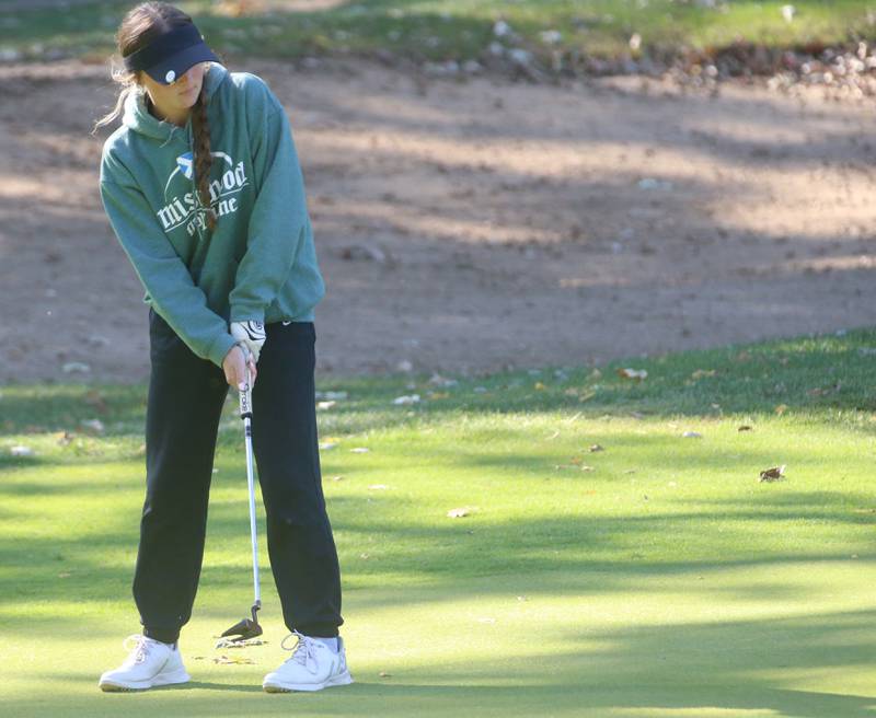 Lincoln-Way West's Peyton White puts during the Class 2A Regional girls golf meet on Tuesday, Oct. 1, 2024 at Senica's Oak Ridge  Golf Club in La Salle.