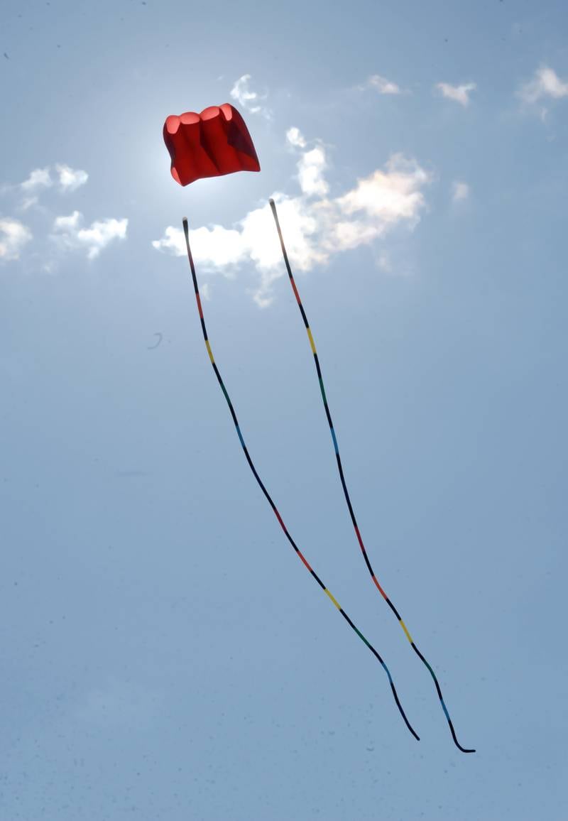 A large foil kite with two 100 foot tails fly high during a celebration of Earth Day and National Kite Month at Prairie Point Park in Oswego, Saturday, April 20, 2024.