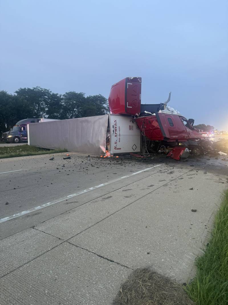 Two semis mangled and twisted on Interstate 80 west of Morris.