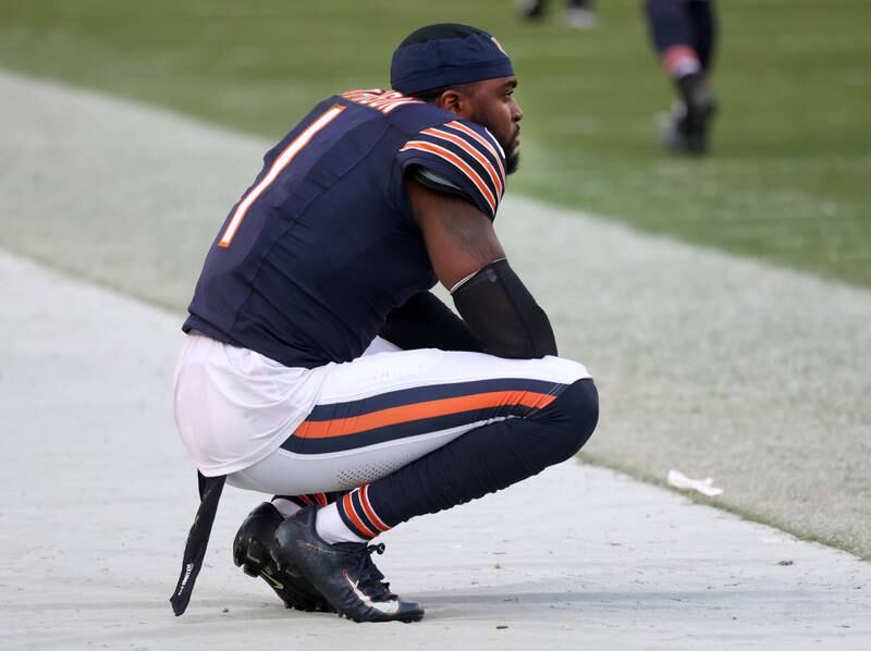 Chicago Bears cornerback Jaylon Johnson sits on the sidelines after the Chicago Bears lost on a blocked field goal Sunday, Nov. 17, 2024, against the Green Bay Packers at Soldier Field in Chicago.