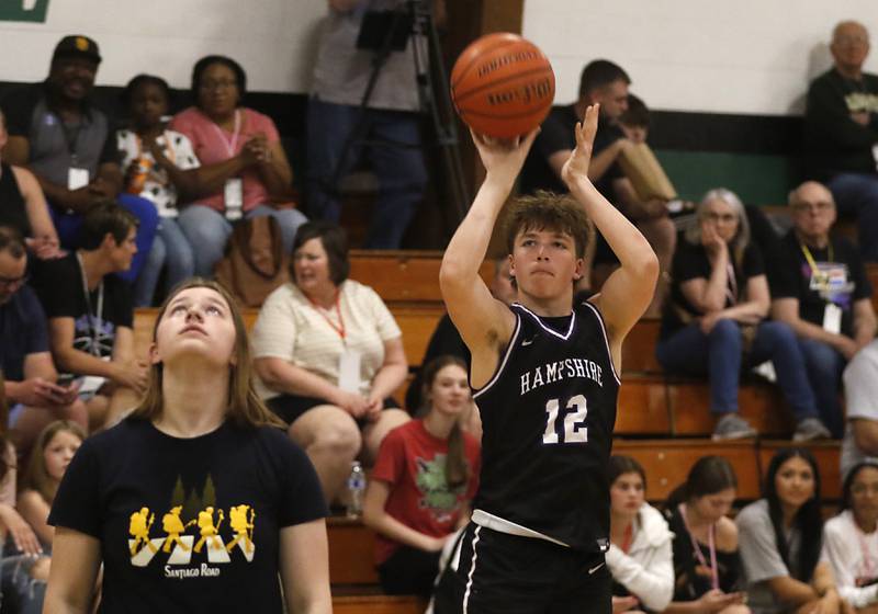 Hampshire’s Nick Louis drains a three-pointer on the way to winning during boy’s three-pint shooting contest during McHenry County Area All-Star Basketball Extravaganza on Sunday, April 14, 2024, at Alden-Hebron’s Tigard Gymnasium in Hebron.