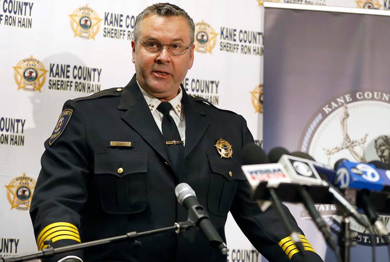 Kane County State's Attorney Jamie Mosser and Kane County Sheriff Ron Hain announce their findings during a press conference Friday, April 11, 2025 at the Kane County Sheriff's Office in St. Charles Ill that three Kane County deputies were justified when they shot and killed James Moriarty on May 24, 2023 on Randall Road in Batavia.