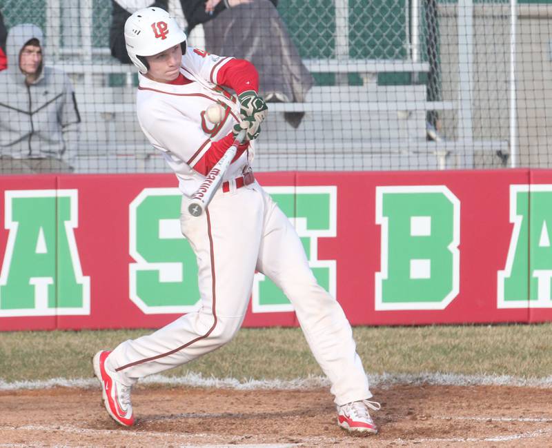 L-P's Braylin Bond hits the ball to left field against Mendota on Thursday, April 3, 2025 at Huby Sarver Field inside the L-P Athletic Complex in La Salle.