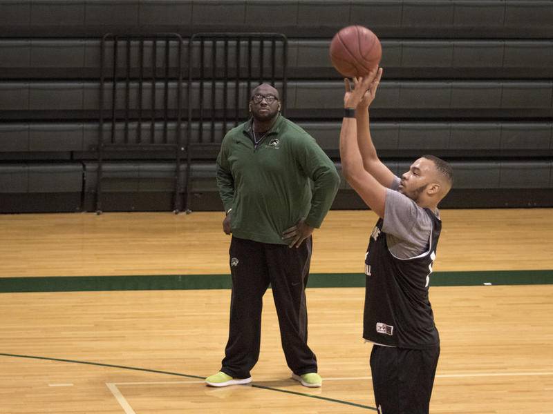 Jay Moore watches a Kishwaukee College practice in 2018.