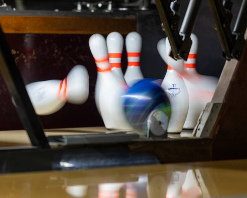 Bowling ball knocks down pins at the L-P Cavalier Classic on Saturday, December 20, 2025 at Super Bowl in Peru.