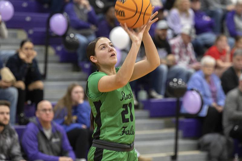 Rock Falls’ Julia Renner puts up a shot against Dixon Friday, Jan. 31, 2025, at Dixon High School.