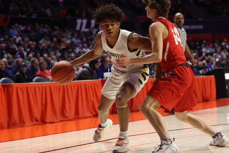 Yorkville Christian’s Tyler Burrows makes a move to the baseline against Liberty in the Class 1A championship game at State Farm Center in Champaign. Friday, Mar. 11, 2022, in Champaign.