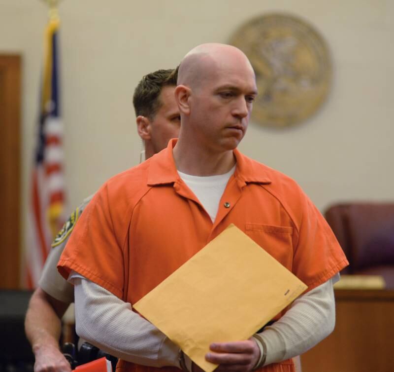 Matthew Plote is escorted into an Ogle County courtroom for a Monday, Oct. 30, 2023 motion hearing.