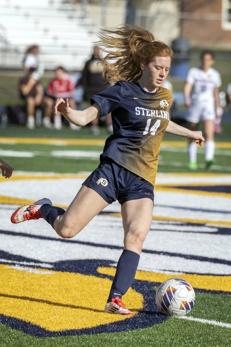 Sterling’s Delia Block boots the ball against Mendota Wednesday, April 8, 2026.