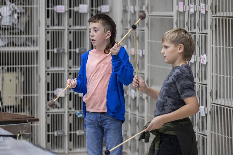 Percussion students at Reagan Middle School learn about accent notes Monday, Oct. 20, 2025, in band class.