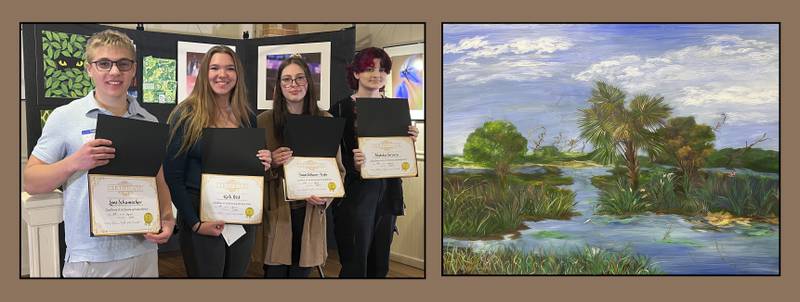 (Left to right); Lane Schumacher, Kelli Petit, Janis Schnurr-Trebe, and Natalia Serpico and artwork created by artist Barb Taylor