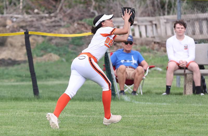 DeKalb's Calissa Hudson makes a running catch during their game against Sycamore Friday, May 20, 2022, at Sycamore High School.