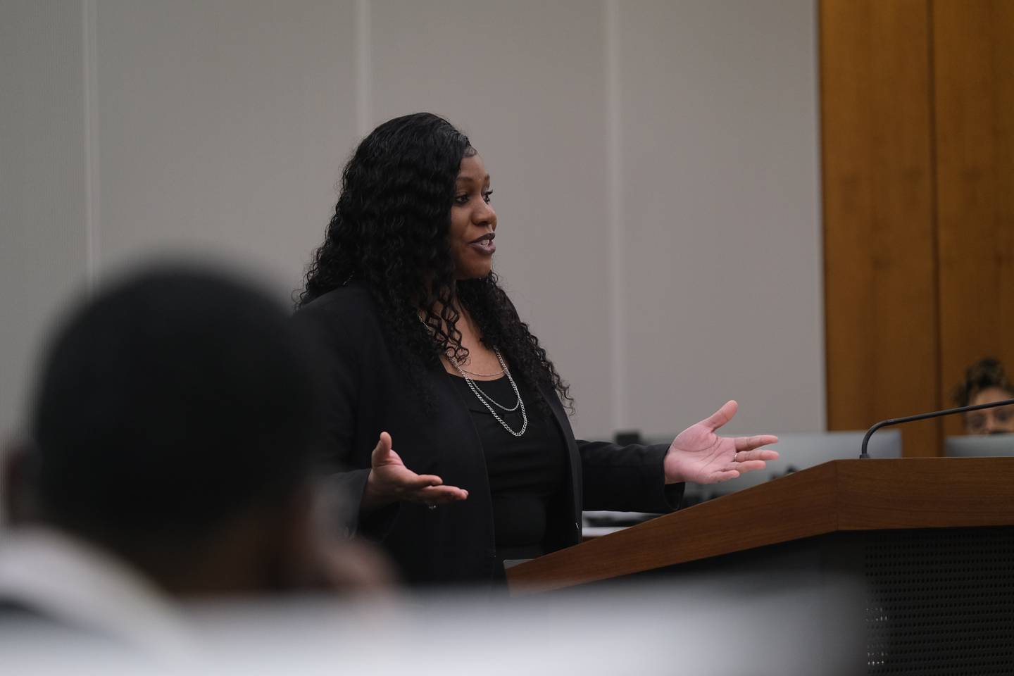 Will County Assistant Public Defender Shenonda Tisdale, delivers opening statements to the jury in the first-degree murder trial of Robert Watson, 29, on Wednesday, May 3, 2023.
