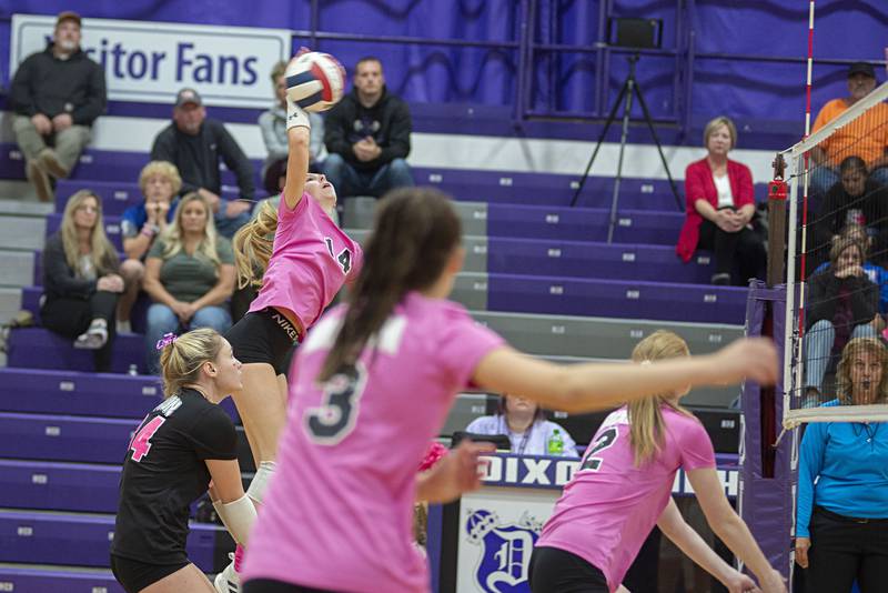 Dixon's Hallie Williamson plays the ball against Genoa-Kingston Thursday, Oct. 6, 2022.