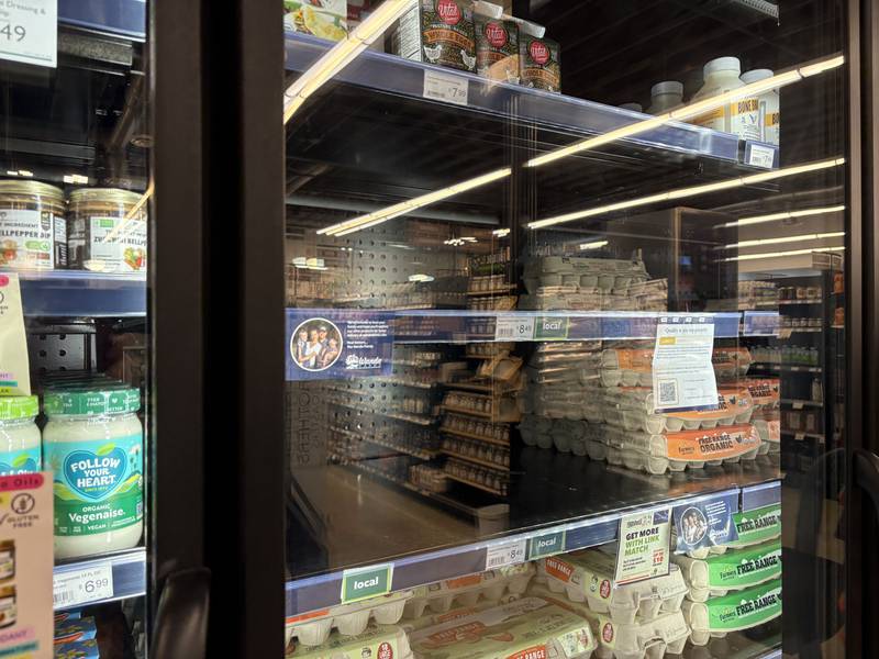 Eggs on a shelf at Food Shed Coop in Woodstock March 11, 2025.