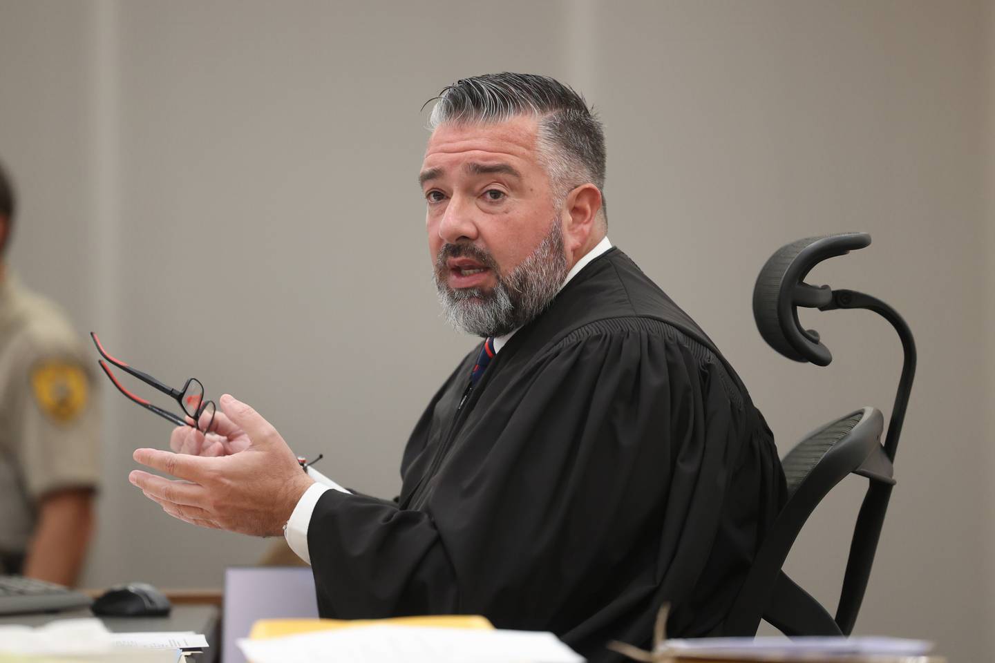 Judge Dave Carlson speaks at a hearing of Joseph Czuba at the Will County Courthouse on Monday, Oct. 30, 2023 in Joliet. Joseph Czuba, 71, was arraigned on charges of first-degree murder of 6-year-old Wadea Al-Fayoume and and attempting to kill his mother, Hanaan Shahin, 32, on Oct. 14 at a Plainfield Township residence.