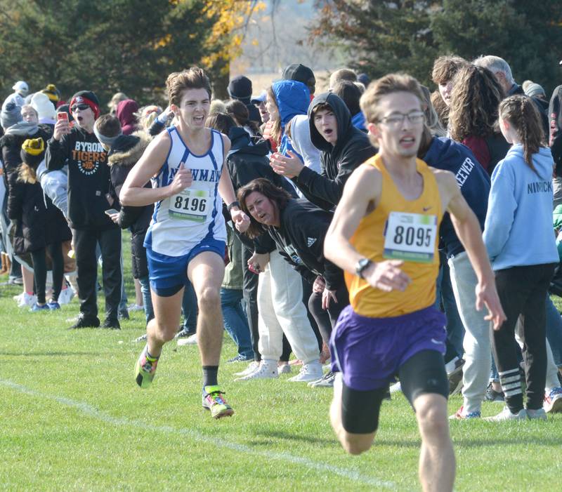 Newman's Lucas Schaab chases Mendota's Anthony Kelson to the finish line at the 1A Oregon Sectional held at Oregon Park West on Saturday, Oct. 28, 2023.