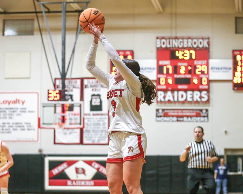 Benet's Aria Mazza (3) shoots a jumper during their Class 4A Bolingbrook Sectional final basketball game between Waubonsie Valley at Benet. Feb 27, 2025 in Bolingbrook.