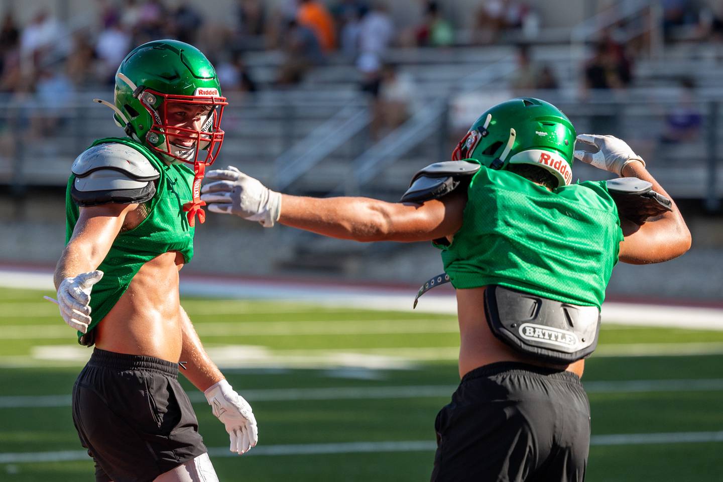 (left to right) Griffin May and Ryland Rynkewicz of L-P perform handshake during scrimmage on Tuesday July 16, 2025 at Howard Fellows Stadium in LaSalle.