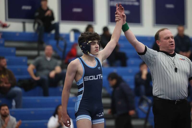 Plainfield South’s Islam Ismanaliev won the close 113-pound match against Joliet West on Wednesday, Dec. 11, 2024 in Plainfield.