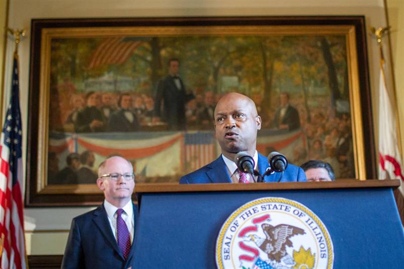 House Speaker Emanuel "Chris" Welch, D-Hillside, is pictured with Senate President Don Harmon (left), D-Oak Park.