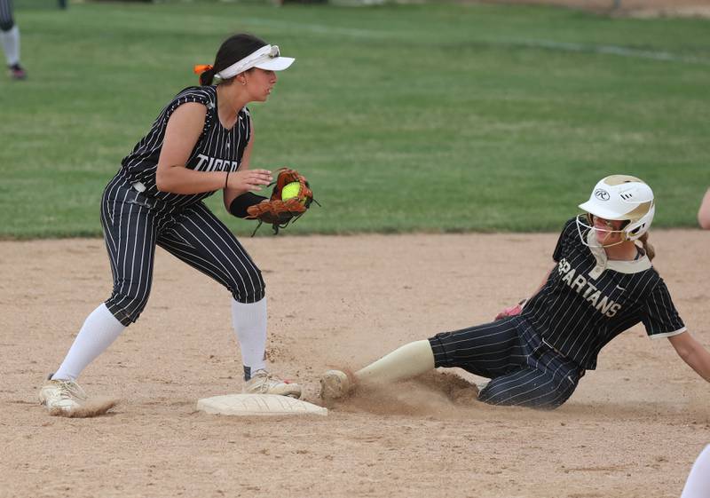 Sycamore's Faith Heil is forced out at second by Crystal Lake Central's Adi Waliullah Tuesday, June 3, 2025 during their Class 3A sectional semifinal game at Sycamore High School.