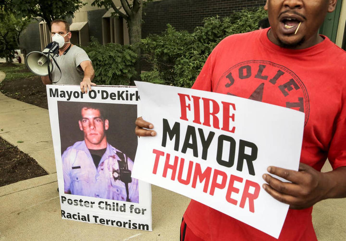 More than a dozen protestors protested Mayor Bob O'Dekirk and demanded his resignation Tuesday, Jun. 9, 2020, after a press conference addressing O'Dekirk's use of force against 23-year-old Victor Williams and 28-year-old Jamal Smith on June 1, after a mob began assaulting police near the intersection of Jefferson Street and Larkin Avenue in Joliet, Ill.