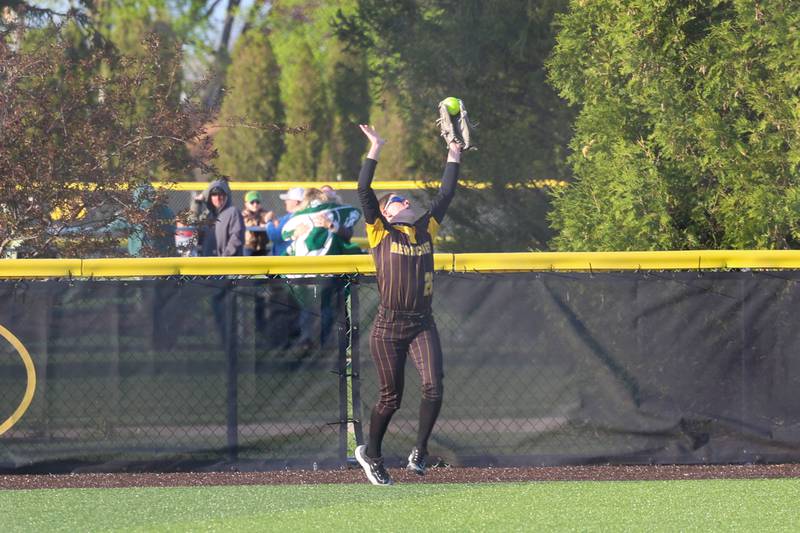 Herscher's Reese Hartman appears to rob a Coal City home run with a catch near the fence during the Tigers' 14-10 loss to Coal City on Monday, April 20, 2026.