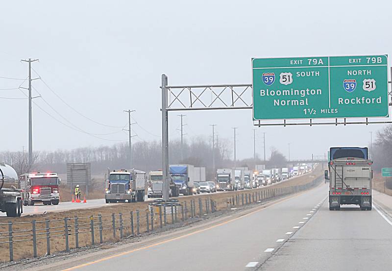 Traffic backs up past the Interstate 80 and Interstate 39 interchange after a semi truck jackknifed near mile post 80 in the eastbound lane on Thursday, Feb. 9, 2023 near Utica. Utica and La Salle fire and EMS responded to the scene. No injuries were reported. The incident happened shortly after 12:30p.m.