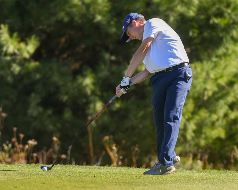Geneva's Brandon Burggraf tees off on Monday Oct. 7, 2024, during the 3A sectional match held at Blackberry Oaks Golf Course in Bristol.
