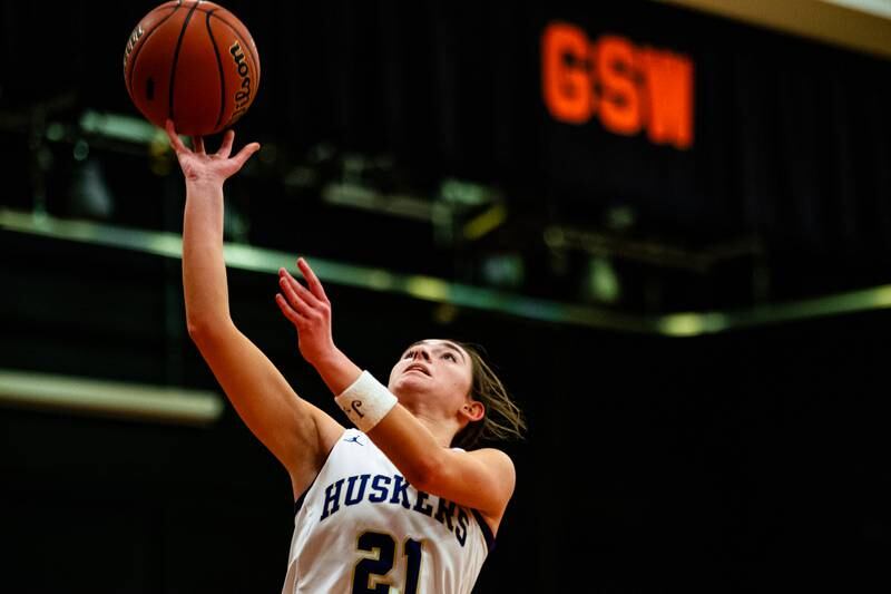 Serena's Makayla McNally lays up a shot against St. Edward during the 1A Sectional game on Tuesday Feb. 20, 2024 at Gardner-South Wilmington High School in Gardner