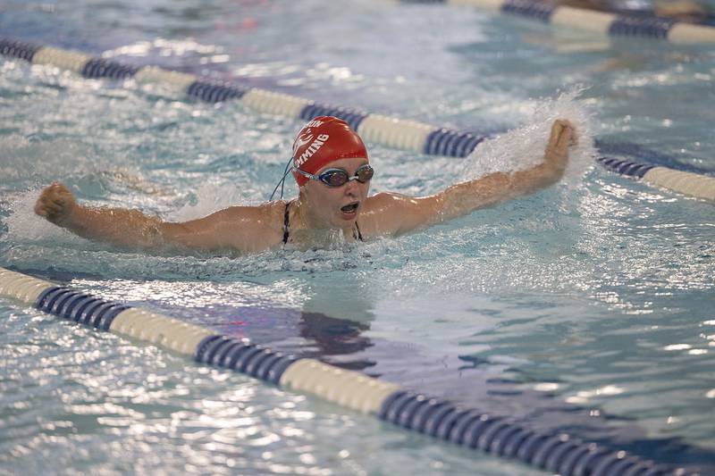 Morrison’s Finley Steele competes in the 100 yard butterfly against Sterling Wednesday, Aug. 28, 2024 at Morrison High School.