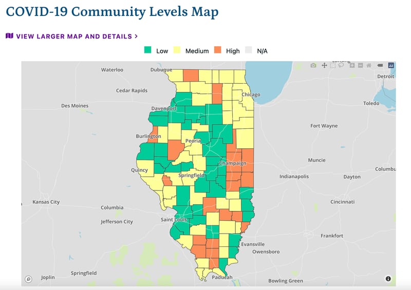 The latest COVID-19 community levels for Illinois as of September 16, 2022, from the Illinois Department of Public Health