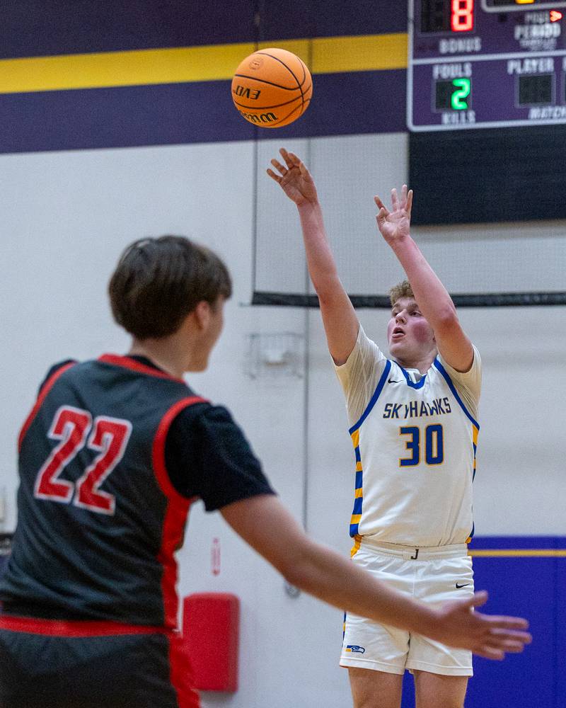 Jayce Schmitt (30) of Johnsburg shoots 3-pointer in game against Aurora Christian during the Class 2A Boys Sectional Basketball tournament game on Wednesday, March 4, 2026 at Mendota High School.