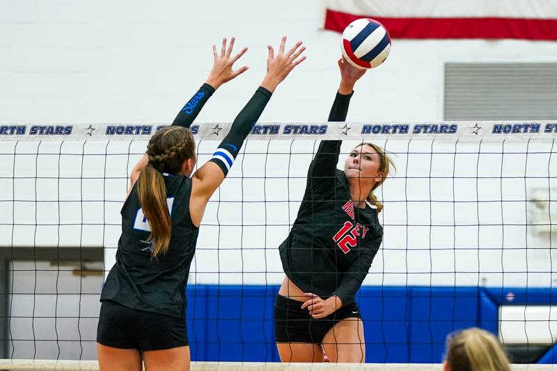 Huntley’s Summer Massow (12) goes up for a kill against St. Charles North during a  non-conference match at St. Charles North High School on Wednesday, Sept. 3, 2025.
