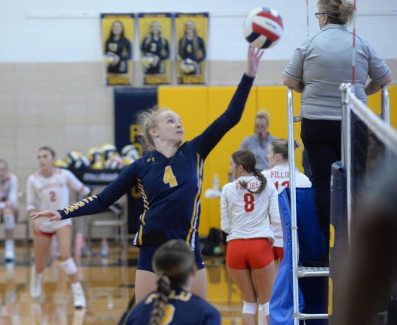 Polo's Camrynn Jones taps the ball over the net during a match with Amboy at the Polo Invite on Saturday, Sept. 27, 2025.