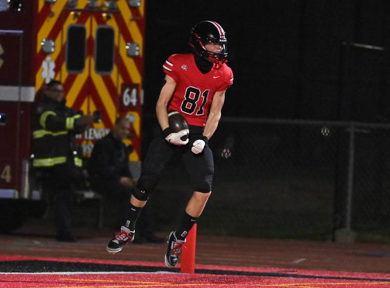 Lincoln Way Central's Lucas Andresen (81) celebrates after scoring a touchdown during the Class 7A second round playoff game against Hoffman Estates on Friday, Nov 08, 2024 at New Lenox. (Dean Reid for Shaw Local News)