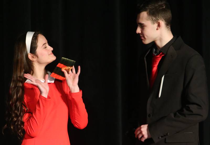 Veruca Salt, played by Maddy Wasilewski, and Mr. Salt, played by Cole Vipond act out a scene during a performance of Willy Wonka on Thursday, March 16, 2023 at Putnam County High School.