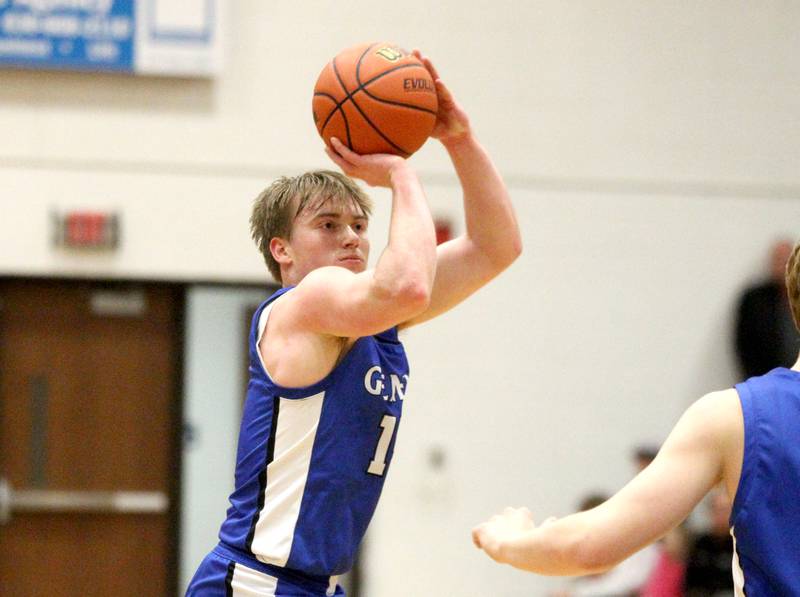 Geneva’s Jimmy Rasmussen shoots the ball during a game at Wheaton Warrenville South on Friday, Jan. 27, 2023.