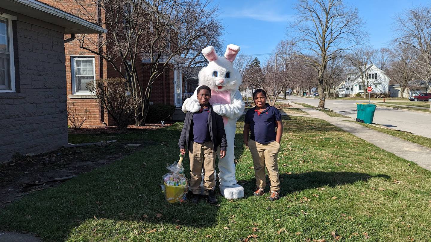 The Easter Bunny is inviting the community to Janet Palkon's 17th annual Bunny Bash, on March 23 at the Joliet Moose Lodge #300. The family friendly event is to give some Easter cheer to local families and provide for children currently in the foster care system. The Easter Bunny posed with Palkon's sons Francis, 8, and Eli, 9, when he hopped to their Joliet home on a pre-Bunny Bash visit on Monday, March 11, 2024.